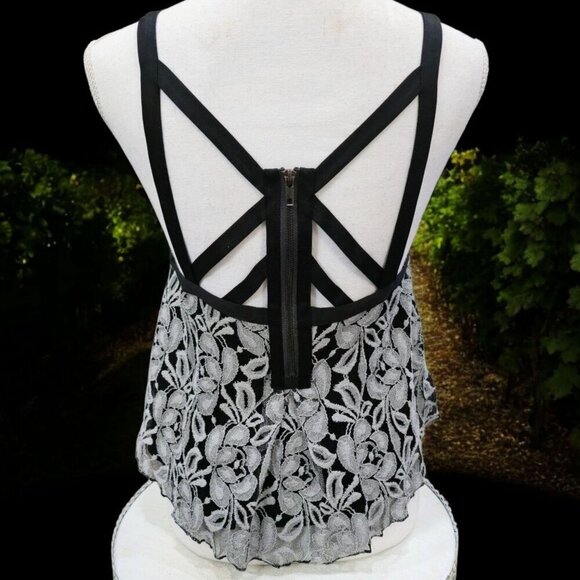 Free People ✦ Embroidered Floral Camisole ✦ Sheer Black Mesh w/ Strappy Back Zip - Picture 6 of 12